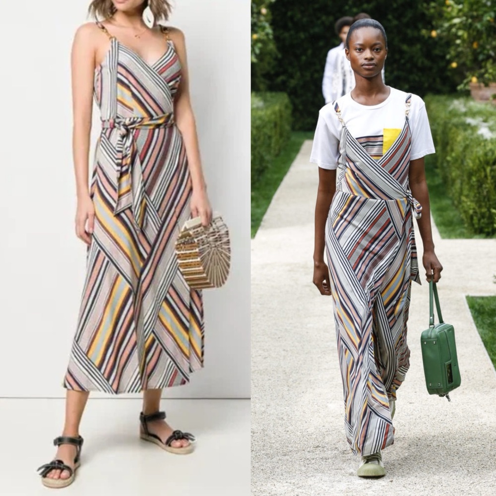 Tory Burch Runway Hook-Embellished Striped Crepe-Jersey Midi Wrap Dress g12